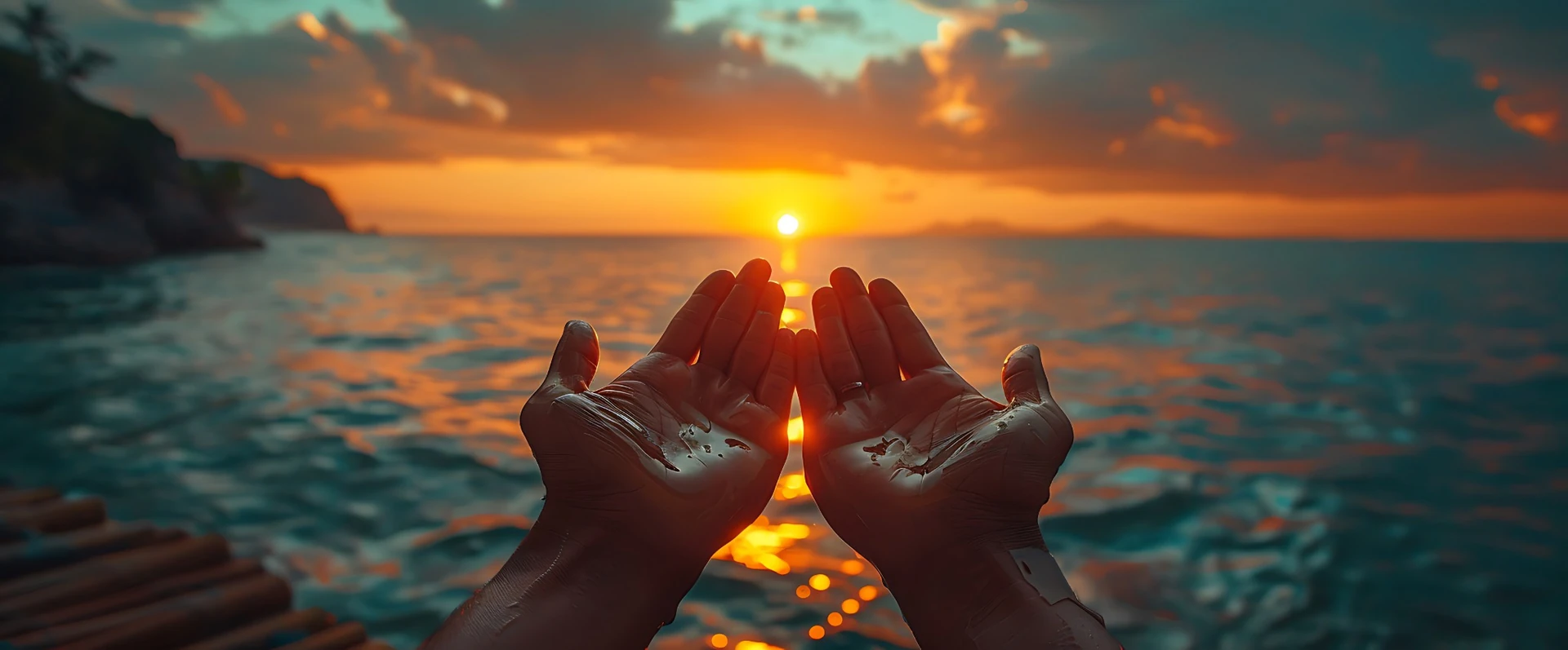 Mãos diante do pôr do sol em momento de contemplação